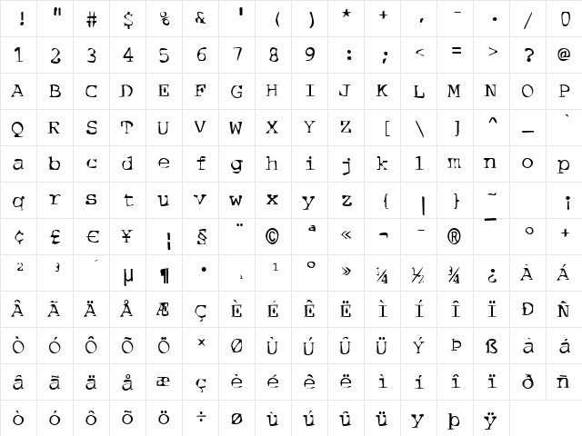 Dirty07 Bold  glyph index