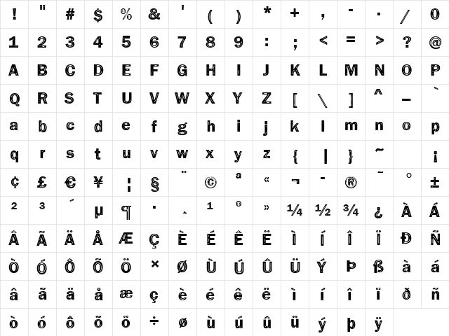 Funky33 Bold  glyph index