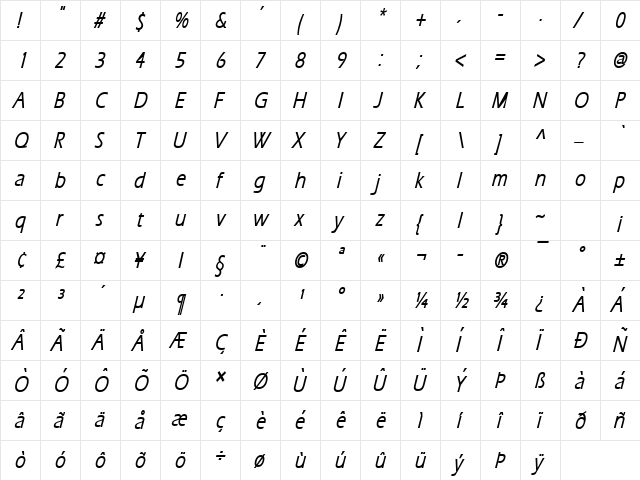 Eric Thin BoldItalic  glyph index