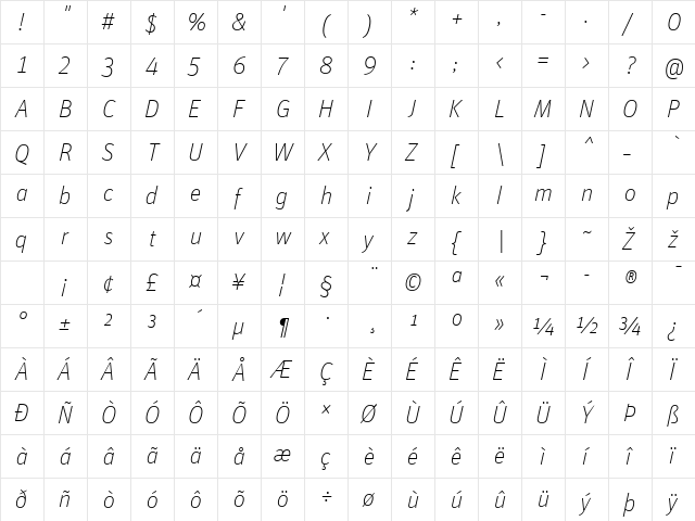 Unit-ThinAlternateItalic Regular  glyph index