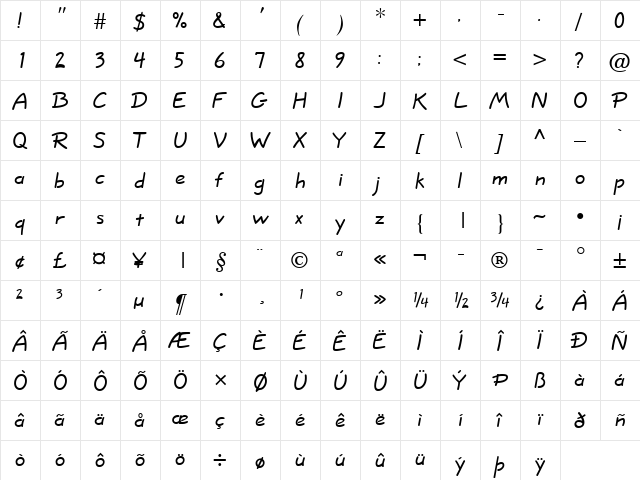 QuillScript Regular  glyph index