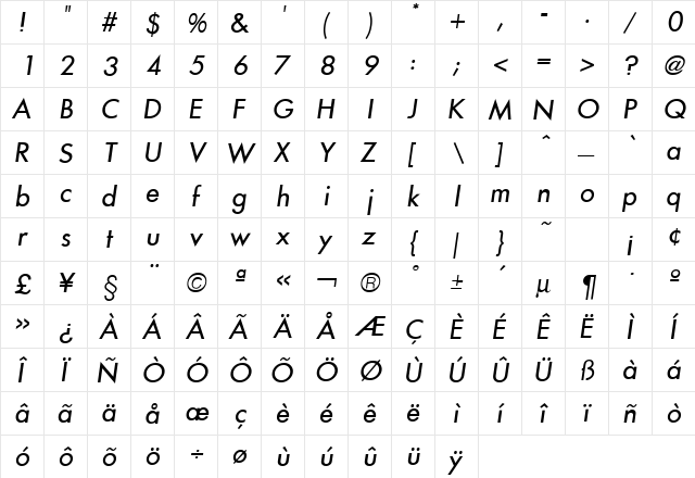 Futura ICG Oblique  glyph index