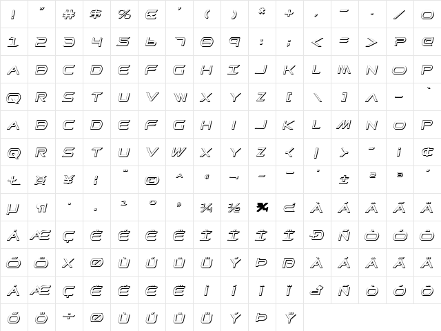 Promethean Shadow Italic Italic  glyph index