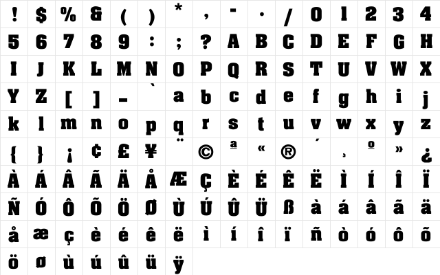 Tou Jour Bold Regular  glyph index