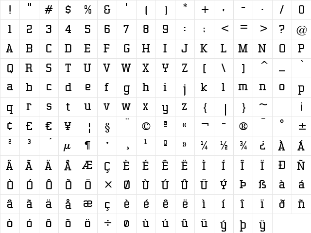 Gasoline Serif BTN Lt Regular  glyph index