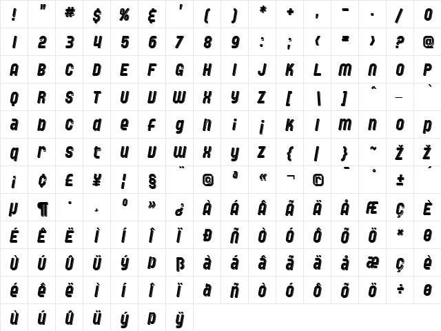 SF Speedwaystar Shaded Italic  glyph index