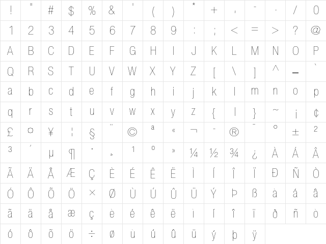 Helvetica Neue 27 Ultra Light Condensed  glyph index