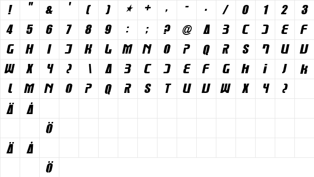 Glue Klinging Klan Italics Regular  glyph index