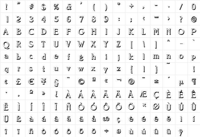 NevadaShadow Regular  glyph index