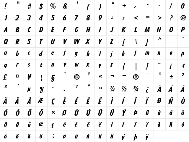 Tempo-CondensedHeavy HeavyItalic  glyph index