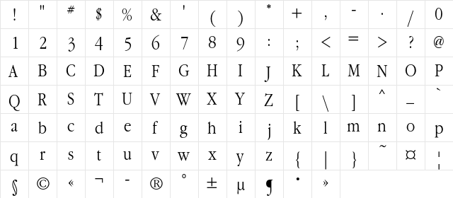 GaramondNarrowC Regular  glyph index