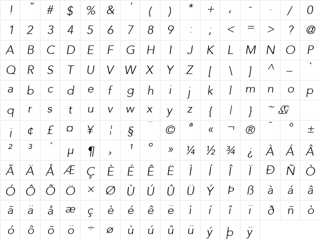 Expo Light SSi Light Italic  glyph index