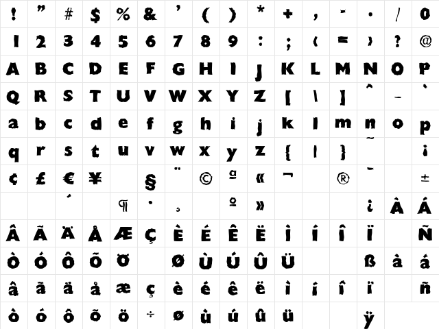 ChantillyRandom-Heavy Regular  glyph index