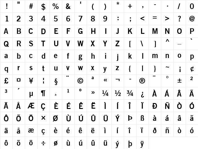 TradeGothic Bold  glyph index