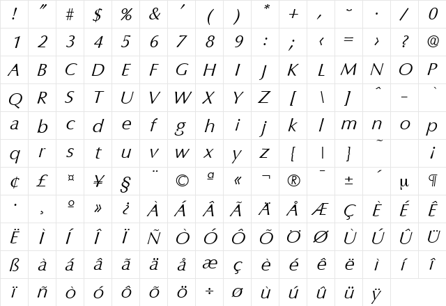 Columbia-Serial-Light RegularItalic  glyph index