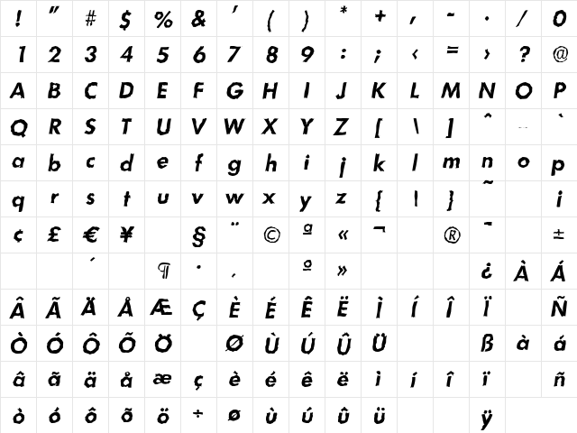 LimerickRandom BoldItalic  glyph index