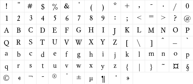 MyslC Regular  glyph index
