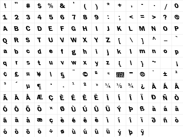 FrankfurtBackslant Bold  glyph index