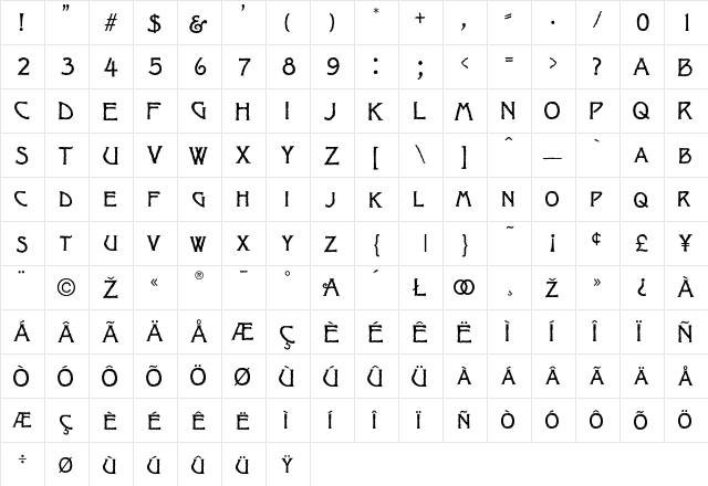 Jagged Regular  glyph index