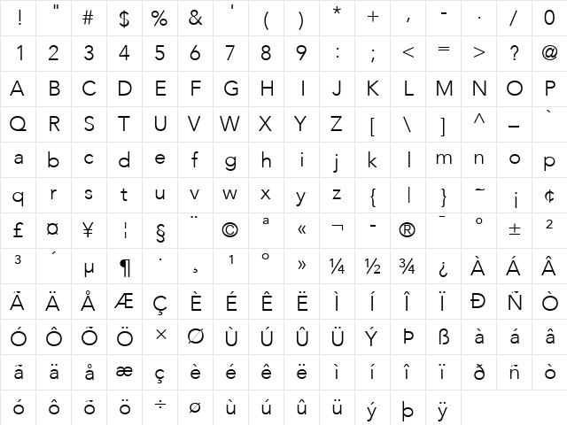 Avenir Regular  glyph index