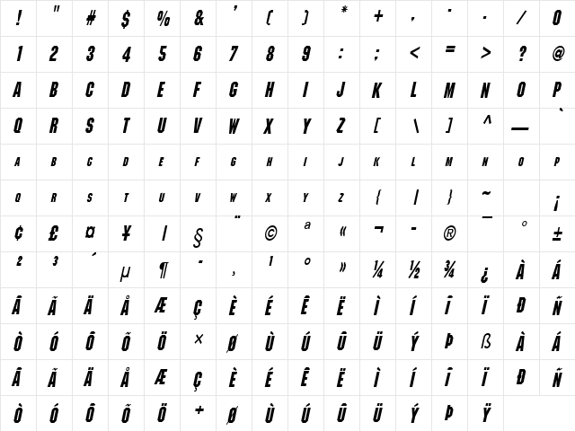 Block-Condensed Bold Italic  glyph index