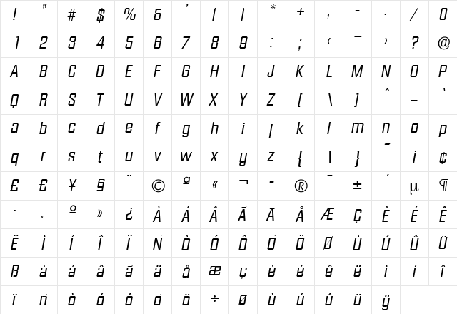 SeanBecker Italic  glyph index