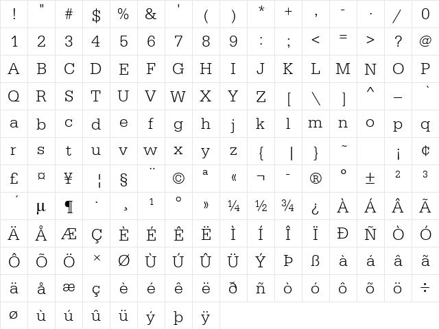 URWTypewriterTLig Regular  glyph index