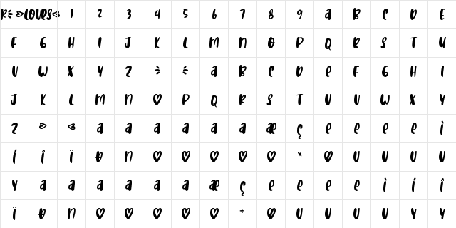 Lover Loves Regular  glyph index