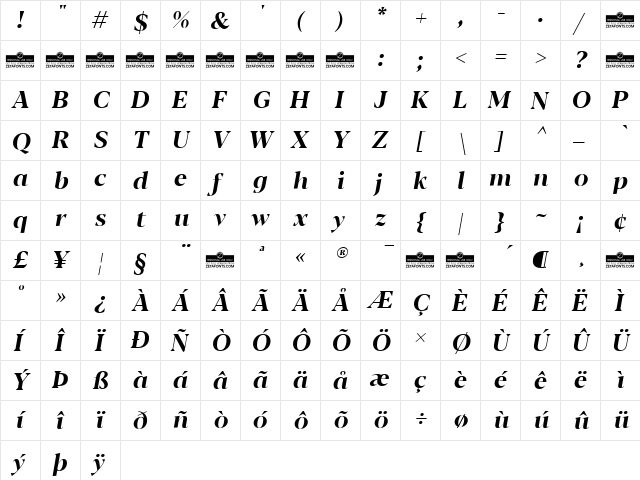 Blacker Display Bold Italic  glyph index