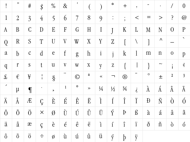 ITC Garamond LT Light Condensed  glyph index