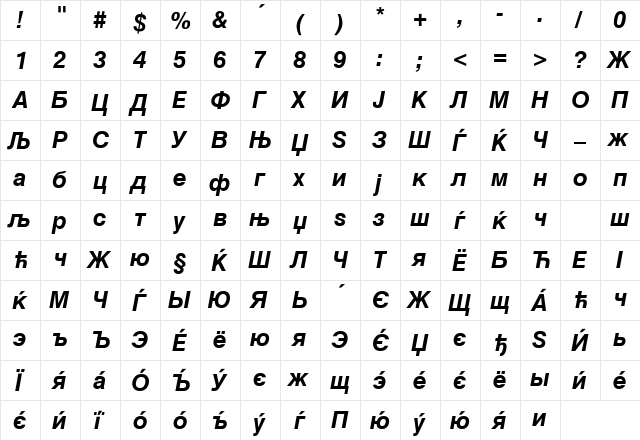 MAC C Swiss Bold Italic  glyph index