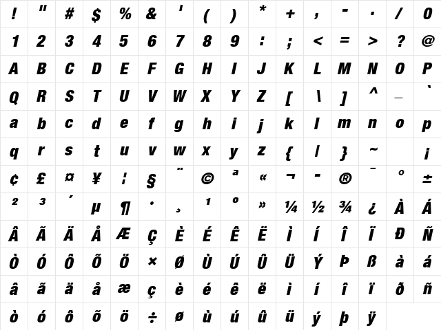 Helvetica Neue LT Com 97 Black Condensed Oblique  glyph index