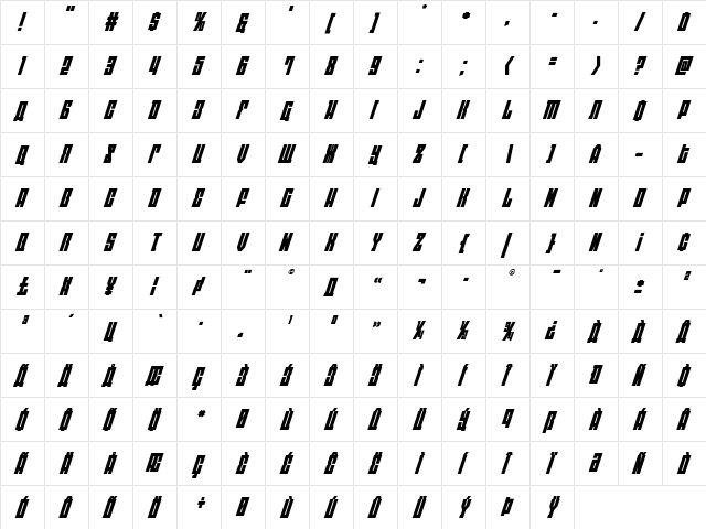 EAST-west Super-Italic Italic  glyph index