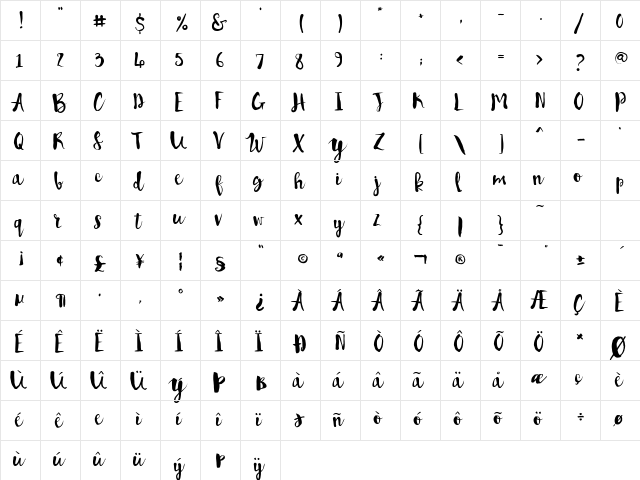 Pennellino Regular  glyph index