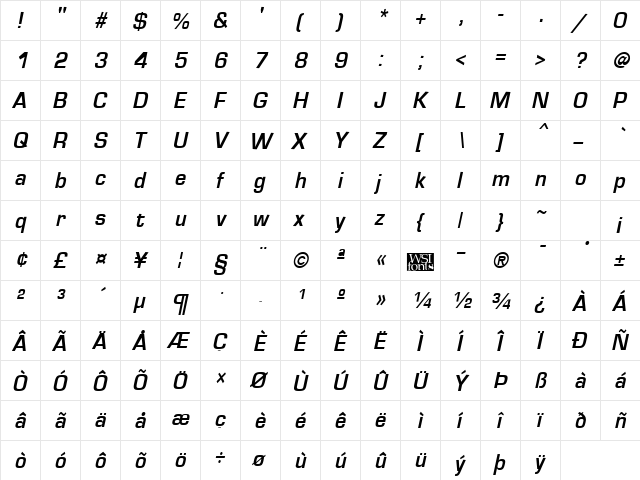 EuroseCond Bold Italic  glyph index