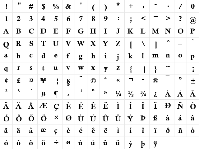 Calisto MT Bold  glyph index