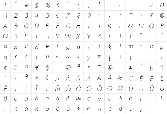 Limerick-Serial-ExtraLight RegularItalic  glyph index