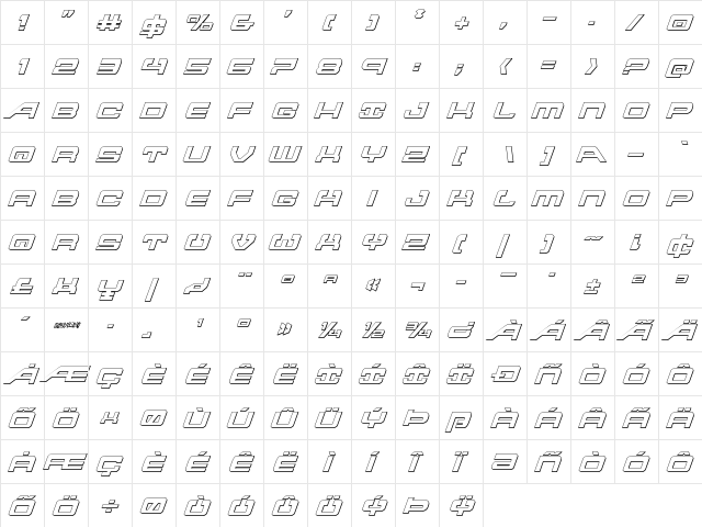 Atlantia 3D Italic Italic  glyph index