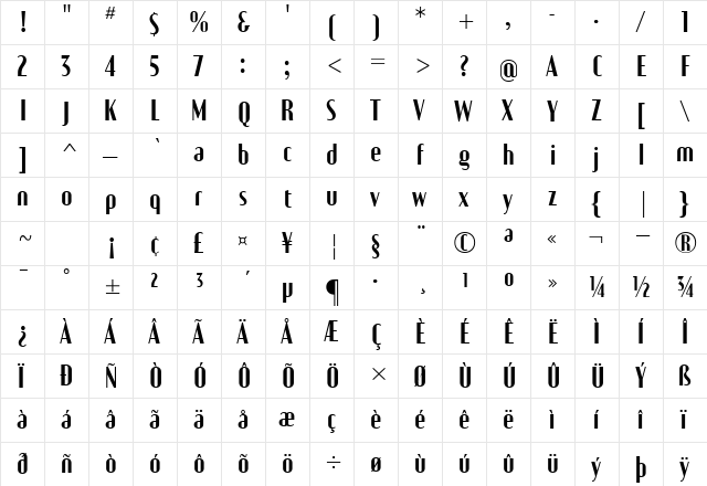 Eunoia Regular  glyph index