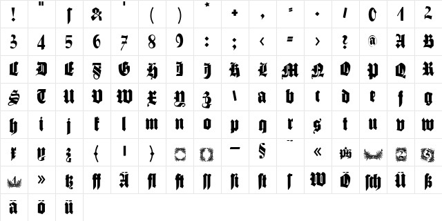SchmaleGotischMK Regular  glyph index
