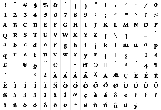 Elysium Bold Plain  glyph index