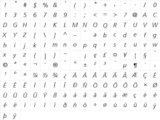Frutiger LT Com 46 Light Italic  glyph index