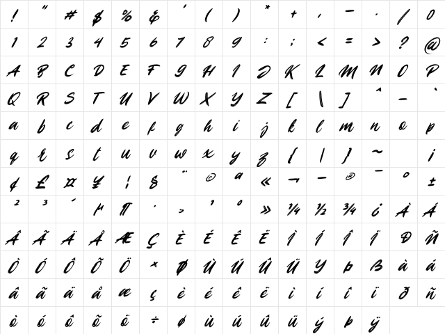 Playbrush Tilted Regular  glyph index