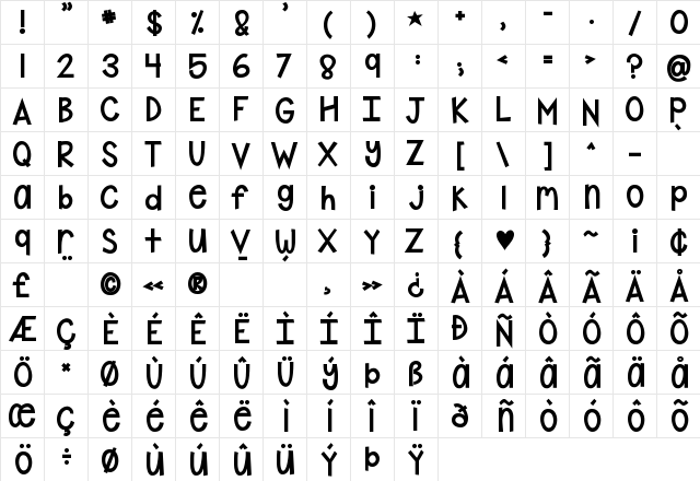 KG Shake it Off Chunky Regular  glyph index