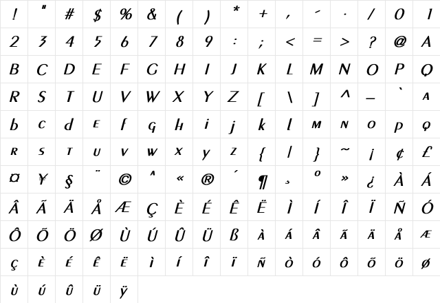 Crossley Light Bold Italic Bold Italic  glyph index