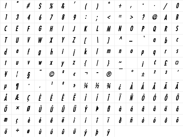 Fuji-Condensed Bold Italic  glyph index