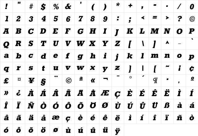 Istafford Bold  glyph index