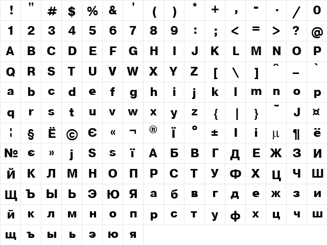 Geneve Bold  glyph index