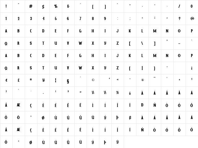 Bronxi Regular  glyph index
