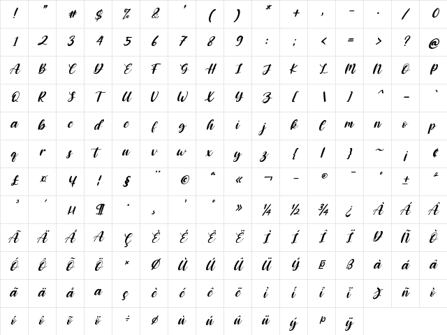 Dobbystar Italic Regular  glyph index